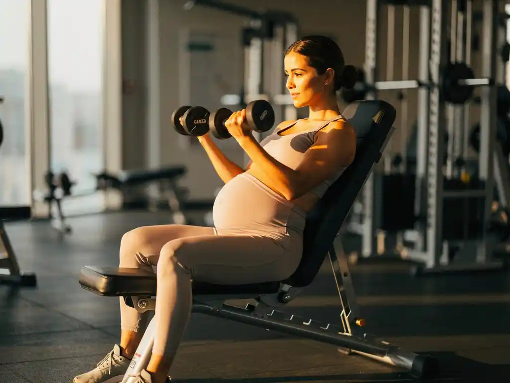 Zwangere vrouw voert gecontroleerde dumbbell oefening uit op verstelbare bank in moderne, lichte sportschool.