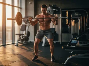 Atleet tilt stalen halter in modern gym met lichaamssamenstellingsmeter op nabijgelegen bank, gouden licht door grote ramen.
