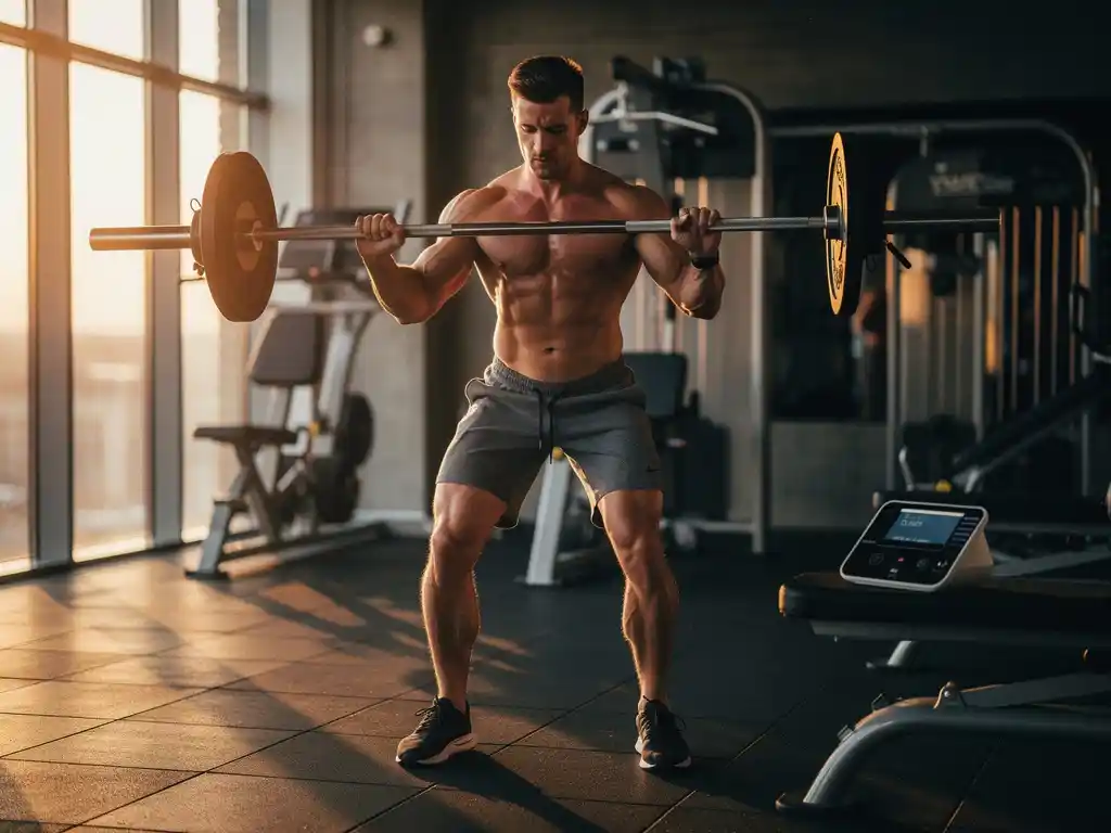 Atleet tilt stalen halter in modern gym met lichaamssamenstellingsmeter op nabijgelegen bank, gouden licht door grote ramen.