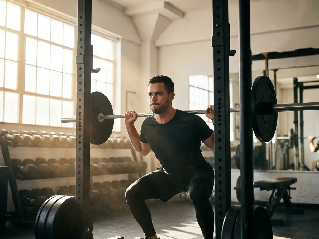 Atleet voert een barbell squat uit in een goed verlichte gym met gewichten op rekken op de achtergrond.