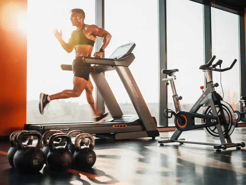 Zwetende atleet sprint intensief op loopband in moderne sportschool met spinningfiets en kettlebells op de achtergrond.