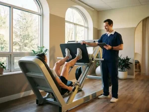 Persoon voert gecontroleerde legpress uit op krachtmachine, begeleid door fysiotherapeut in lichte fitnessruimte.