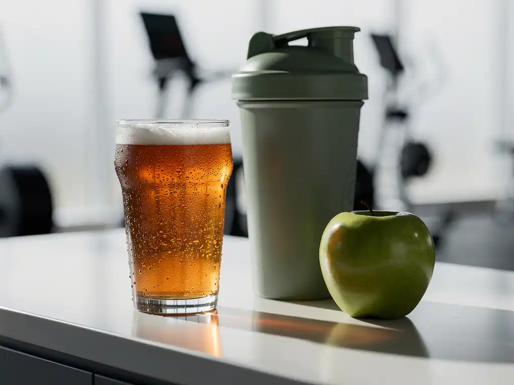 Koud bierglas met waterdruppels naast een proteïneshaker en groene appel op een gymtoonbank.