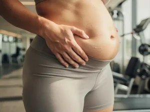 Persoon grijpt buikvet vast boven sportshort in moderne fitnessruimte met gewichtsmachines op de achtergrond.