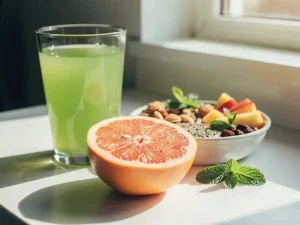 Gehalveerde grapefruit en glas groene detox water naast een schaaltje gezonde voeding op een wit gymcounter, versierd met verse muntblaadjes.