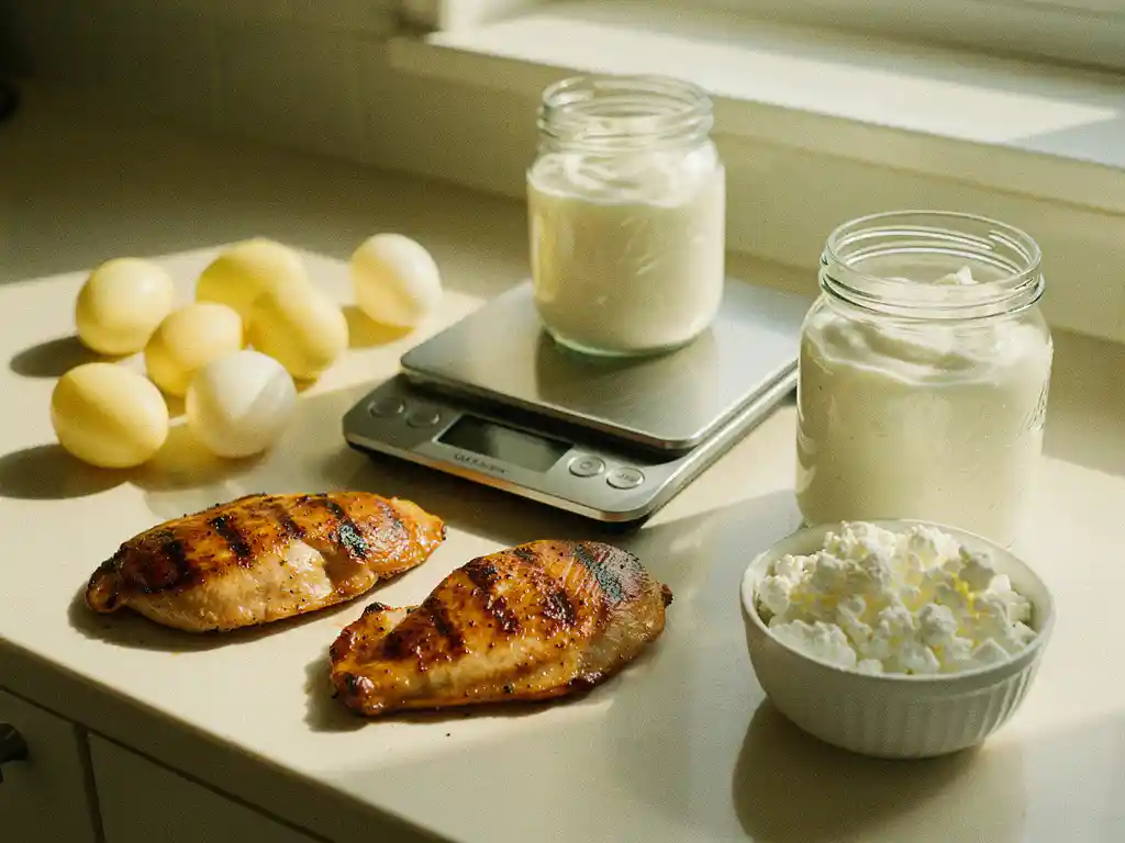Eiwitrijke maaltijdprep met gegrilde kipfilet, gekookte eieren, Griekse yoghurt en kwark op een keukenweegschaal, warm natuurlijk licht.