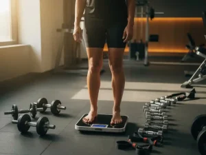 Persoon op weegschaal in gym omringd door vrije gewichten en weerstandsbanden, subtiel pijlmotief van dumbells, warm ochtendlicht.
