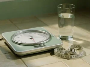 Badkamerweegschaal op tegelvloer met een glas water en meetlint, symboliseert een gewichtsplateau tijdens afvallen.