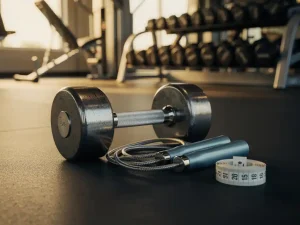 Halter en springtouw naast een opgerolde meetlint op een gymvloer, symbolen voor gewichtsverlies en fitness.