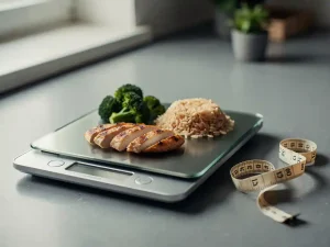 Keukenweegschaal met portie gegrilde kip, gestoomde broccoli en zilvervliesrijst, meetlint ernaast, symboliseert gewichtsbeheersing.