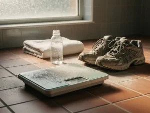 Versleten sportschoenen naast een stoffige badkamerweegschaal op tegelvloer, met handdoek en waterfles in zacht ochtendlicht.