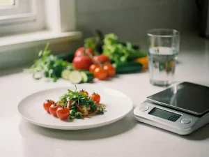 Kleine portie gezond eten op wit bord naast keukenweegschaal, met verse groenten en glas water op de achtergrond.