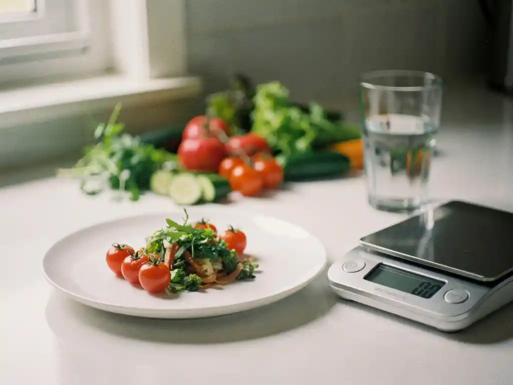 Kleine portie gezond eten op wit bord naast keukenweegschaal, met verse groenten en glas water op de achtergrond.
