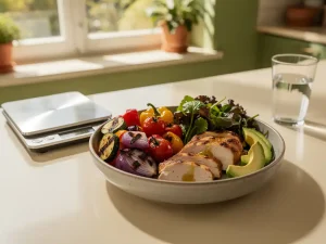 Kleurrijke gezonde maaltijd met gegrilde groenten, magere proteïne en verse groenten in keramische kom naast een keukenweegschaal.