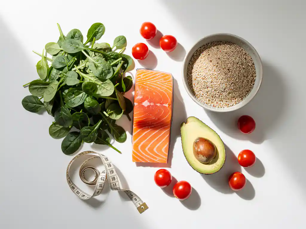 Bovenaanzicht van verse voedingsmiddelen op wit oppervlak: bladgroenten, zalm, quinoa, avocado, cherrytomaten en meetlint.