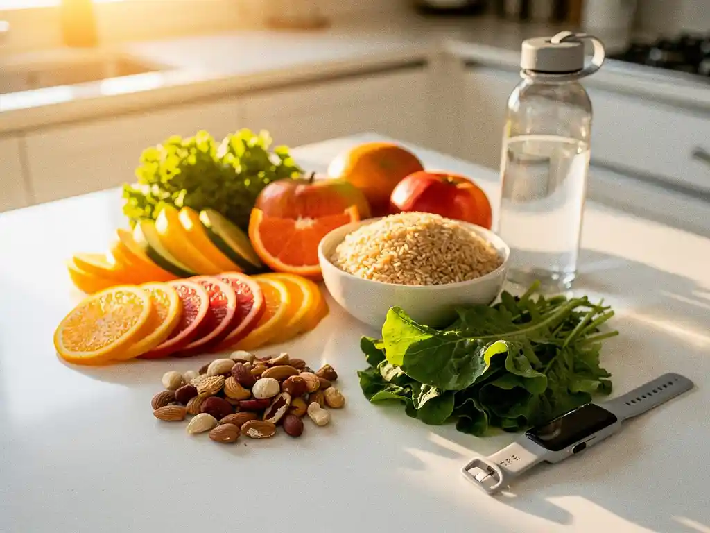 Kleurrijke spread van volkoren voeding, fruit, noten, bruine rijst en bladgroenten naast een waterfles en fitnesstracker in warm ochtendlicht.
