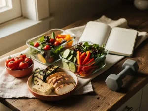 Kleurrijke maaltijdprep met gegrilde groenten, eiwitrijke ingrediënten en salade op een houten aanrecht naast een trainingsjournal en dumbbell.