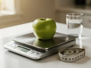 Verse groene appel op een keukenweegschaal naast een meetlint en glas water, zachte natuurlijke belichting.