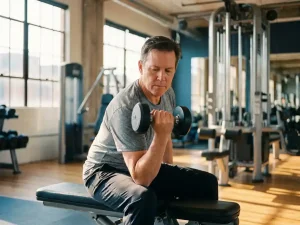 Middelbare volwassene voert gecontroleerde dumbbell curl uit op een gewichtsbank in moderne gym met natuurlijk licht.