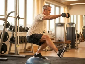 Volwassene voert een single-leg dumbbell press uit op een stabiliteitplatform in een moderne, lichte sportschool.