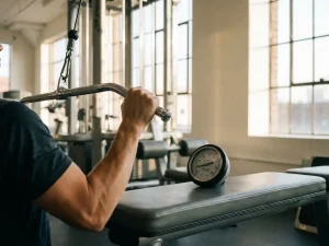 Fitnessprofessional trekt kabelmachiinehandgreep met gespannen onderarmspieren in modern gym met natuurlijk licht.