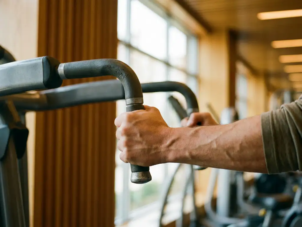 Hand die een weerstandsmachine vastgrijpt in een moderne sportschool met houten accenten en natuurlijk licht.