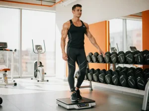 Gespierde atleet op een professionele lichaamssamenstelling weegschaal in een moderne sportschool met natuurlijk licht.