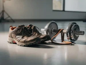 Versleten wandelschoenen naast glanzende dumbbells met een weerstandsband op een grijze gymvloer, zacht zijlicht.