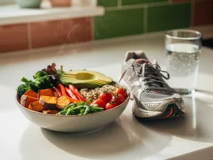 Kleurrijke meal prep lunchbowl met groenten naast een hardloopschoen op een keukenblad, glas water in zacht natuurlijk licht.