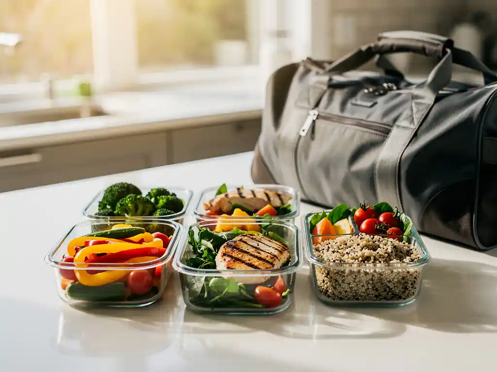 Kleurrijke maaltijdprepcontainers met gegrilde kip, groenten en granen op een keukenblad naast een sporttas in warm natuurlijk licht.
