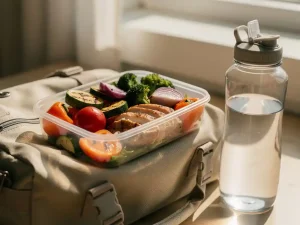 Maaltijdprepbakje met gegrilde groenten en magere proteïne op een sporttas naast een waterfles, in warm natuurlijk licht.