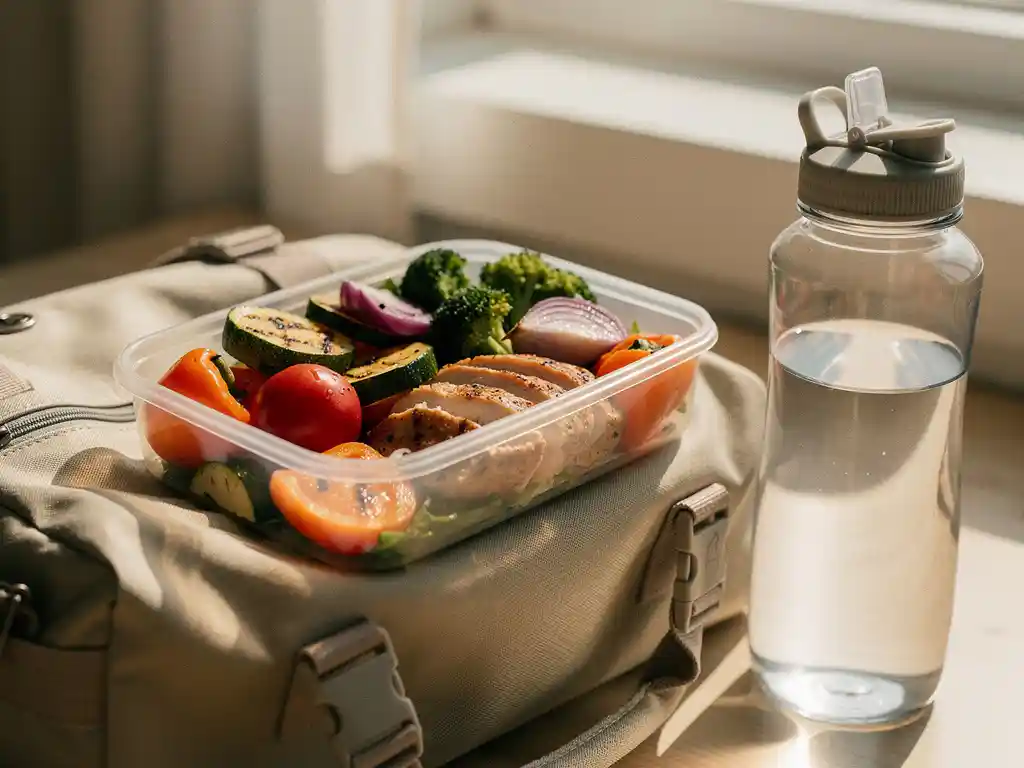 Maaltijdprepbakje met gegrilde groenten en magere proteïne op een sporttas naast een waterfles, in warm natuurlijk licht.