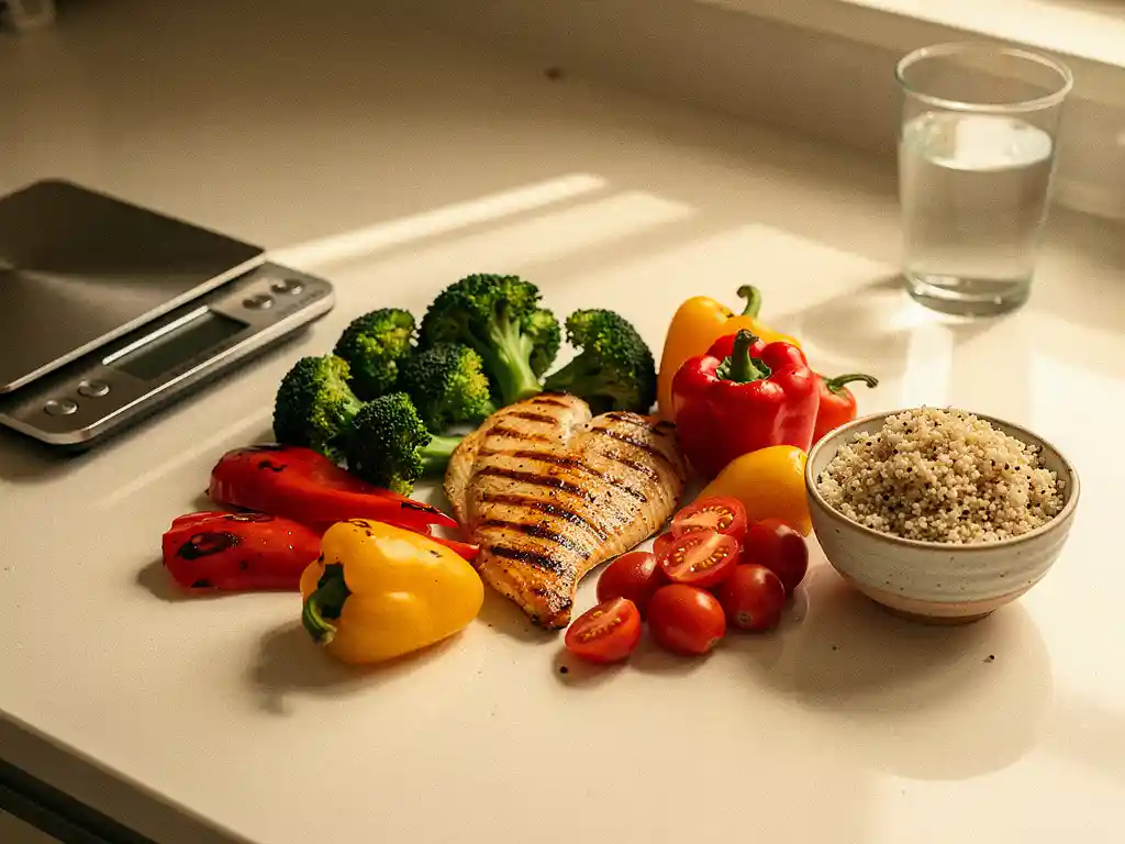 Gegrild kipfilet met kleurrijke groenten, granen en een keukenweegschaal op een aanrecht voor gezonde maaltijdvoorbereiding.
