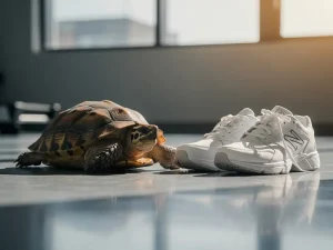 Schildpad rustend op een gymvloer naast witte sportschoenen, symboliseert traagheid en motivatie.
