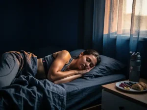 Atleet in sportkleding slaapt rustig in donkere slaapkamer, met waterfles en gezonde snack op het nachtkastje, zacht ochtendlicht.