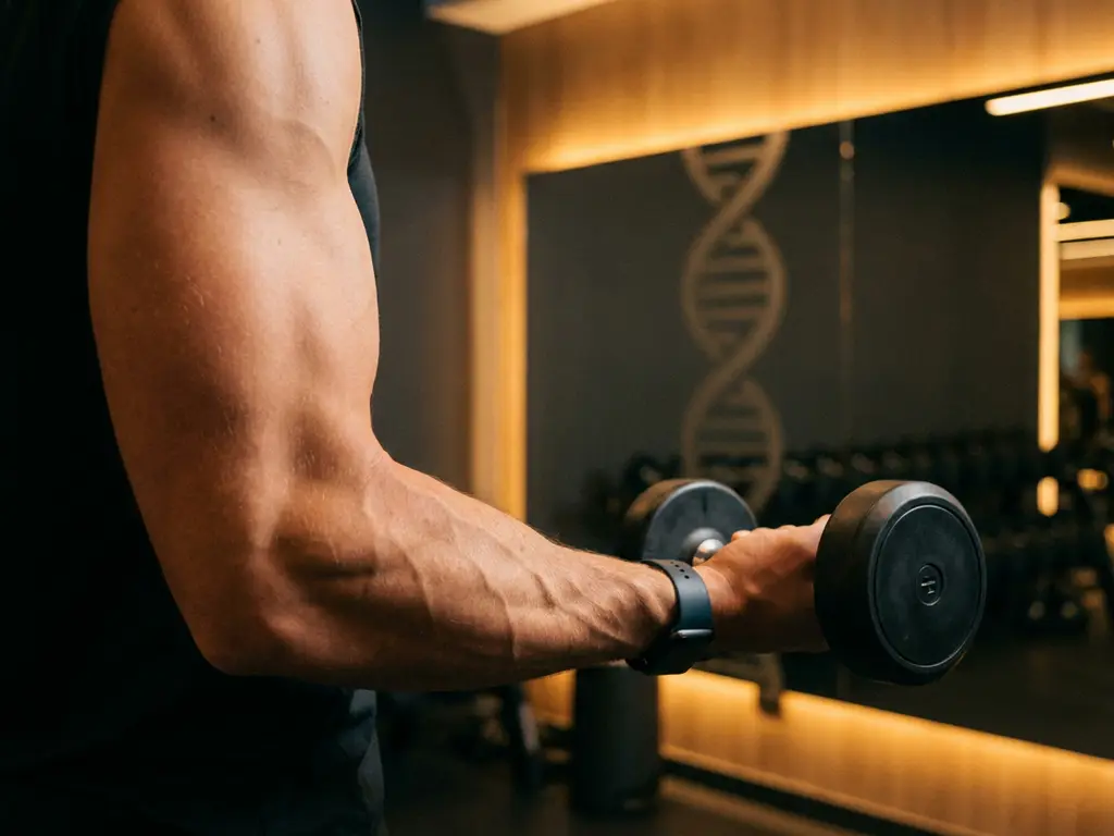 Gespierde onderarm en bicep tijdens een dumbbell curl in moderne gym, met DNA-structuur zichtbaar in de spiegelwand op de achtergrond.