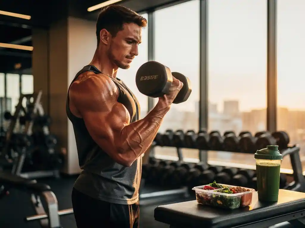 Gespierde atleet voert een dumbbell curl uit in moderne sportschool, met groene smoothie en meal prep op nabijgelegen bank.