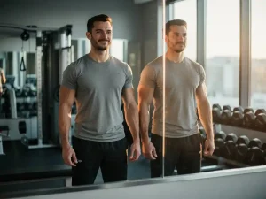 Atletisch persoon voor een gymspiegelmet twee lichaamssillhouetten zichtbaar, modern fitnessmateriaal op de achtergrond, warm amberkleurig licht.