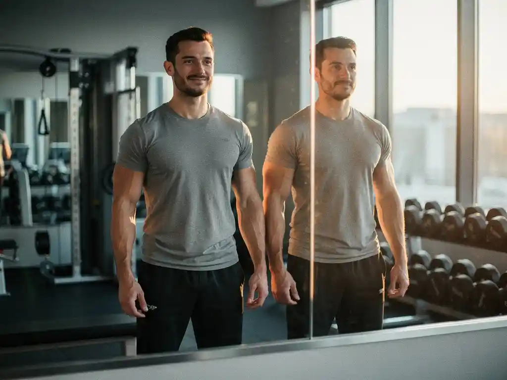 Atletisch persoon voor een gymspiegelmet twee lichaamssillhouetten zichtbaar, modern fitnessmateriaal op de achtergrond, warm amberkleurig licht.