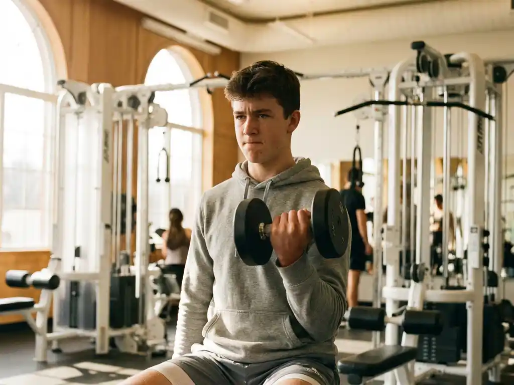 Geconcentreerde tiener die een dumbbell curl uitvoert in een moderne, lichtrijke sportschool met fitnessapparatuur op de achtergrond.