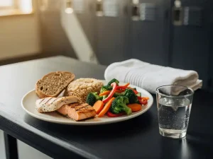 Uitgebalanceerd bord met magere eiwitten, groenten en volkoren granen naast een glas water op een kleedkamerbank na het sporten.