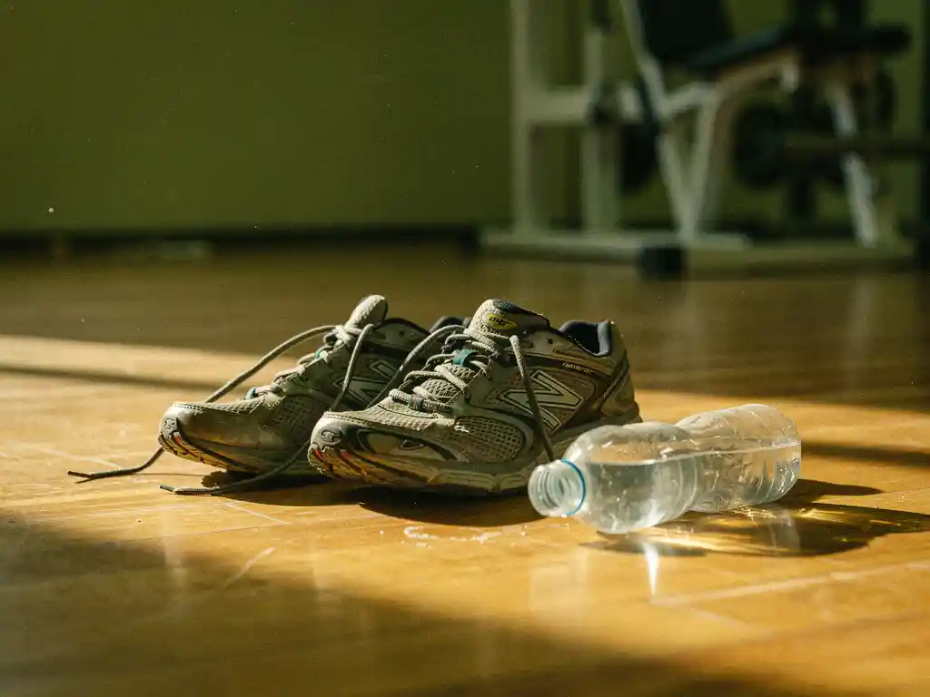 Versleten hardloopschoenen op houten gymvloer met omgevallen waterfles, verlaten fitnessapparatuur op de achtergrond in warme amberkleurige belichting.