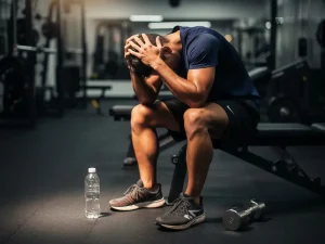Uitgeputte sporter voorovergebogen op gymbank met hoofd in handen, waterfles en dumbbell op de vloer, moderne fitnessruimte op de achtergrond.