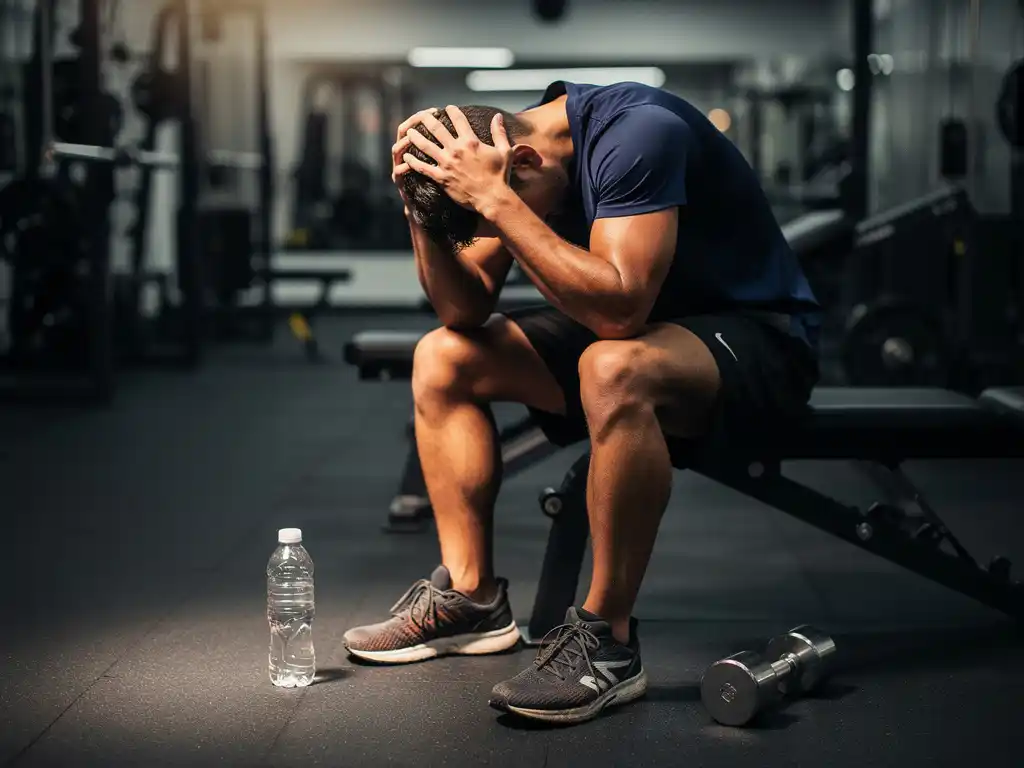 Uitgeputte sporter voorovergebogen op gymbank met hoofd in handen, waterfles en dumbbell op de vloer, moderne fitnessruimte op de achtergrond.