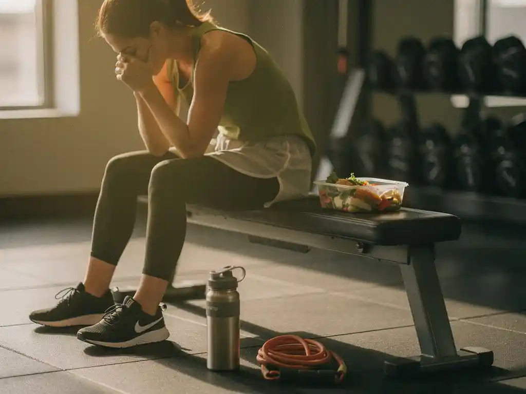 Persoon met gebogen schouders op een gymbank naast een half opgegeten maaltijd, waterfles en weerstandsband in zacht natuurlijk licht.
