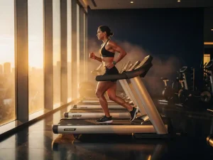Atleet die vroeg in de ochtend op een loopband rent in een moderne sportschool, badend in warm gouden ochtendlicht.