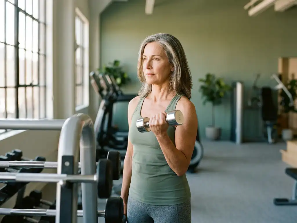 Vrouw van in de vijftig traint met dumbbells bij een gewichtenrek in een moderne, lichte sportschool.