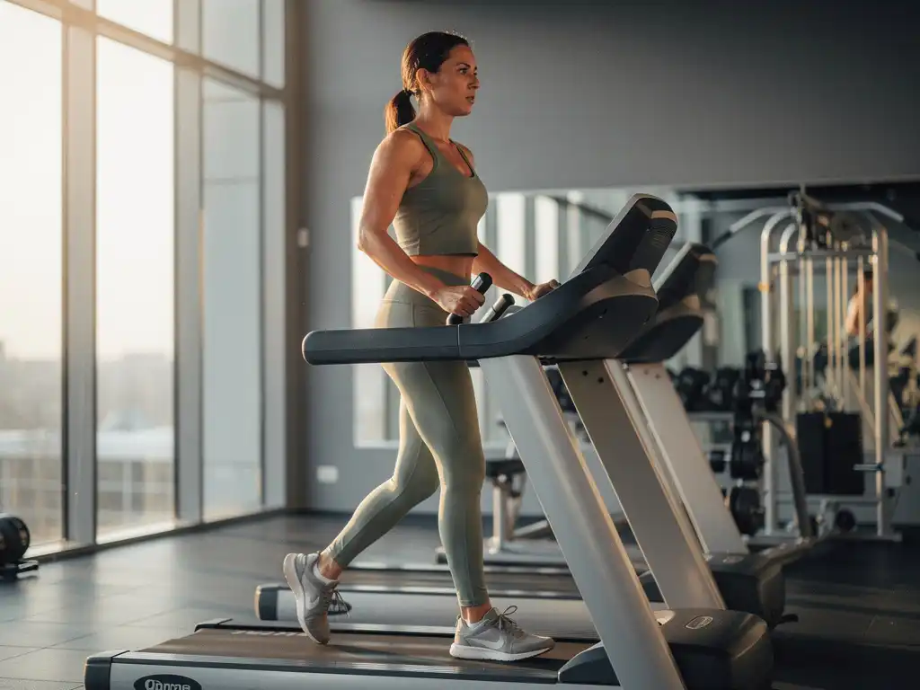 Vrouw in sportkleding loopt energiek op een loopband in een moderne sportschool, met natuurlijk daglicht door grote ramen.