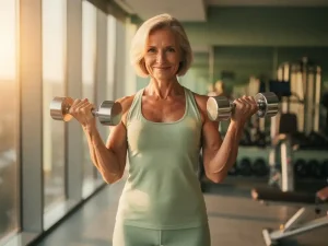 Vrouw van middelbare leeftijd traint met lichte dumbbells in moderne gym, warm natuurlijk licht, zelfverzekerde houding.