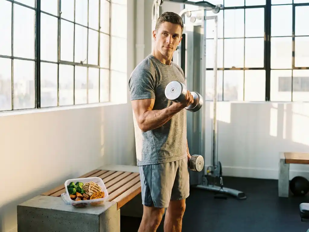 Gespierde atleet voert dumbbell curl uit in moderne gym, met maaltijdprep bakje met kip en groenten op nabijgelegen bank.